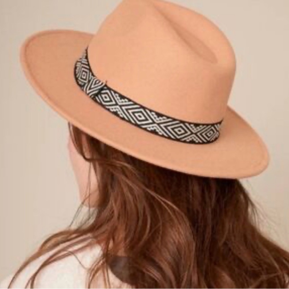 Womens Tan Fedora Hat with Patterned Band